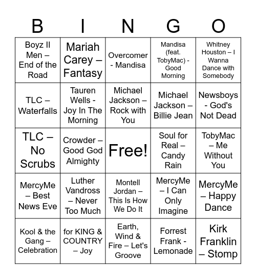 Feel Good Music Bingo Card