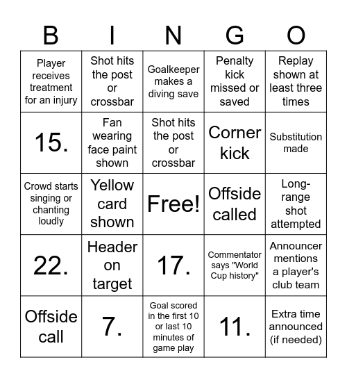 World Cup Bingo Card