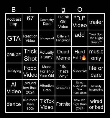YouTube Shorts Bingo Card