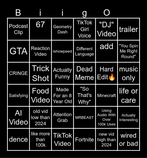 YouTube Shorts Bingo Card
