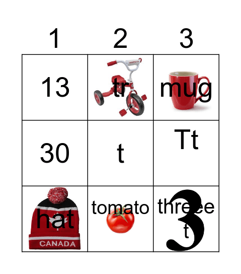 Letter t Bingo Card