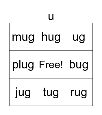 Word Family -ug Bingo Card