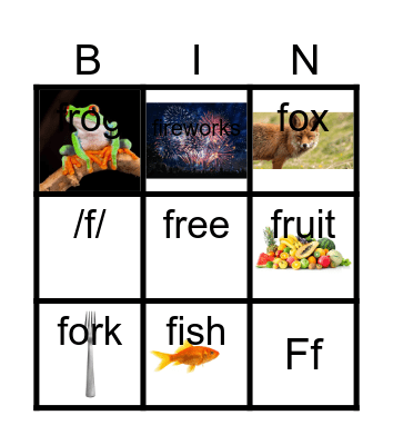Letter Ff bingo Card