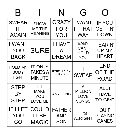 90s Boybands Bingo Card