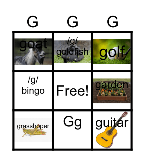 Letter Gg bingo Card