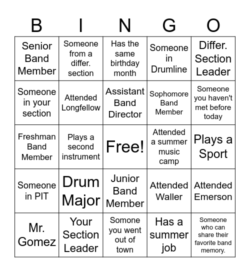 Band Bingo Card