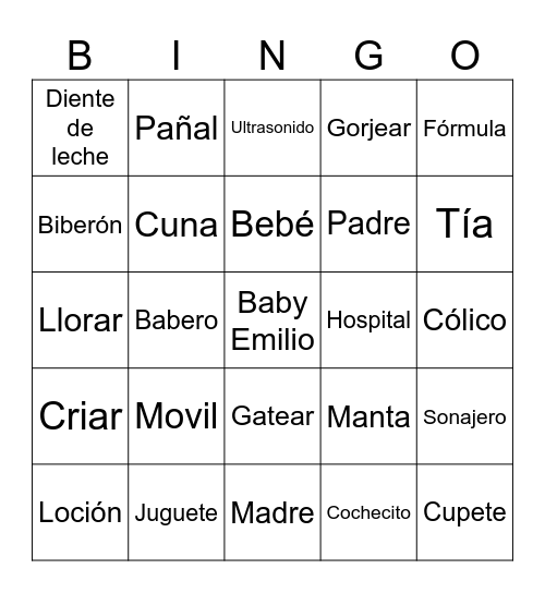 Bingo Baby shower Bingo Card