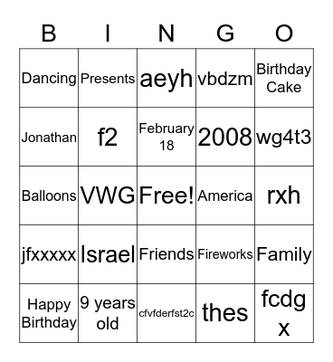 Jonathan's Birthday Bingo Card
