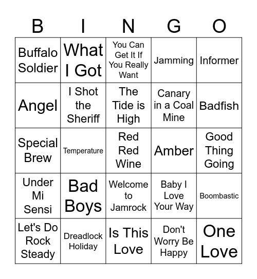 Reggae and Ska Bingo Card