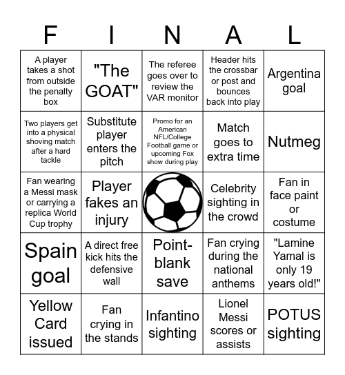 World Cup Final Bingo Card