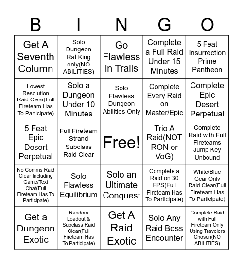 Destiny Bingo Card
