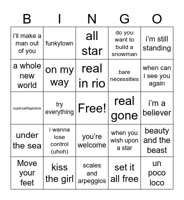 Disney Music bingo Card