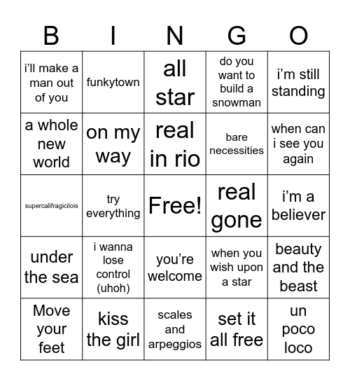 Disney Music bingo Card