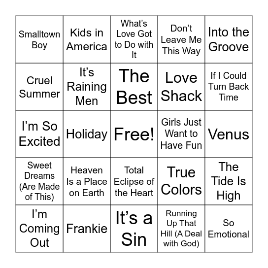 80's DIVAS Bingo Card