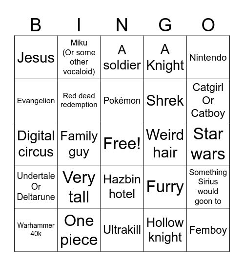 cosplay bingo Card