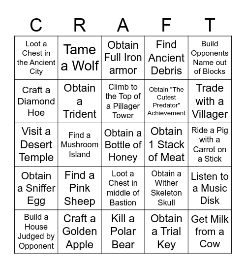 1v1 Minecraft Speedrun Bingo Card