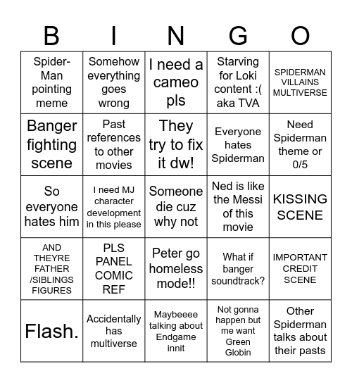 NO WAY HOME Bingo Card