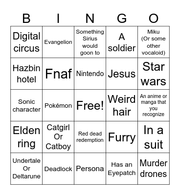 cosplay bingo Card