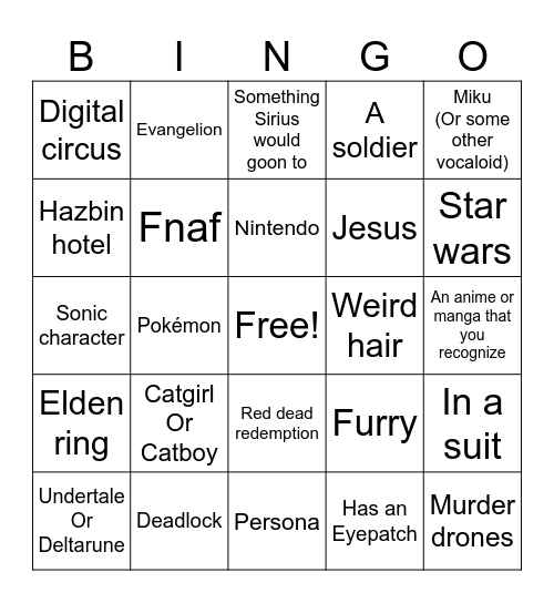 cosplay bingo Card