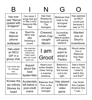 Marvel Cinematic Universe Bingo Card