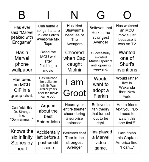 Marvel Cinematic Universe Bingo Card
