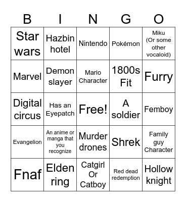 cosplay bingo Card