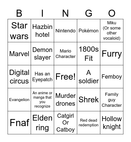 cosplay bingo Card