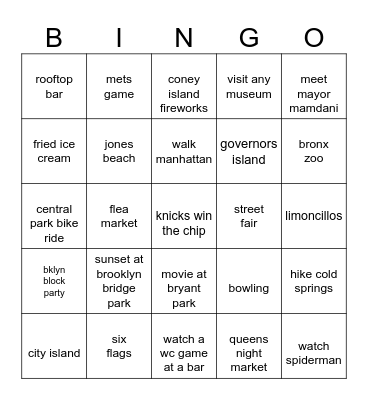 nyc summer ‘26 bingo Card