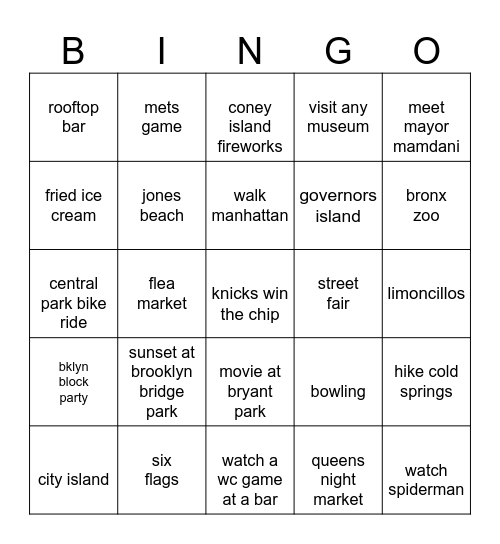 nyc summer ‘26 bingo Card