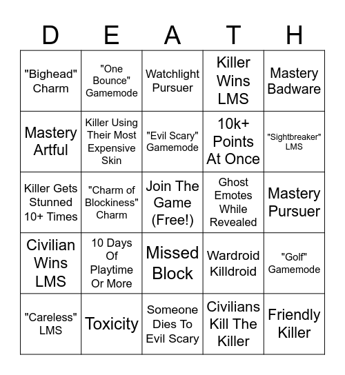 Die of Death Bingo Card