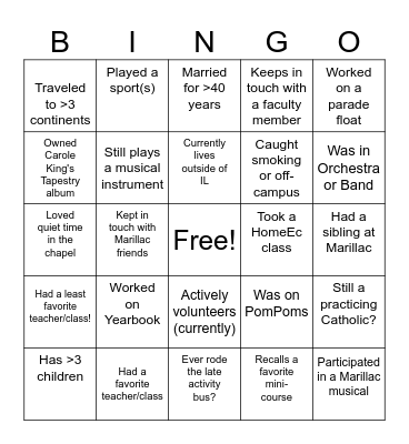 Marillac 50th Reunion Bingo Card