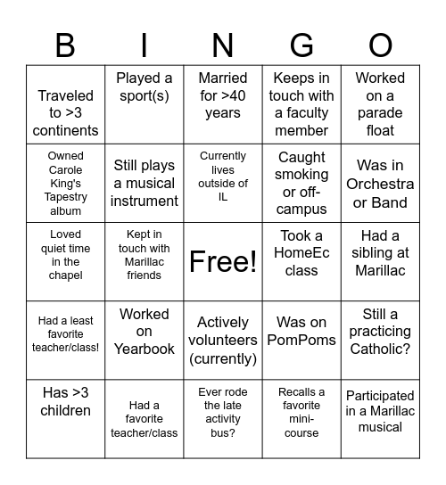 Marillac 50th Reunion Bingo Card