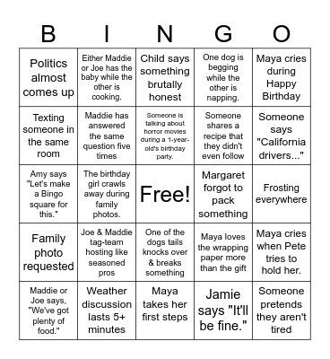 Travling to Petaluma for Maya's 1st Birthday Bingo Card