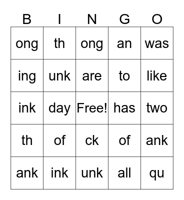 Digraphs and Glued Sounds Bingo Card