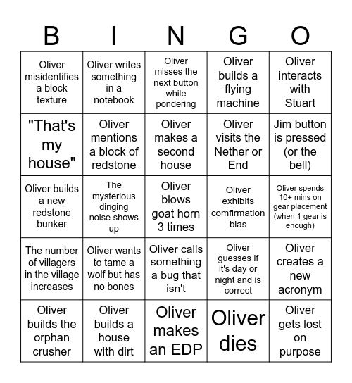 About Oliver Minecraft S3 Bingo Card