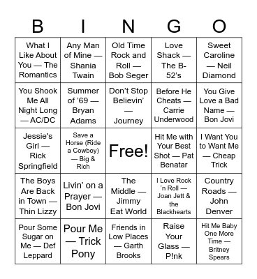 Bar Anthems & Big Sing-Alongs Bingo Card