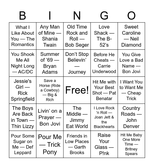 Bar Anthems & Big Sing-Alongs Bingo Card