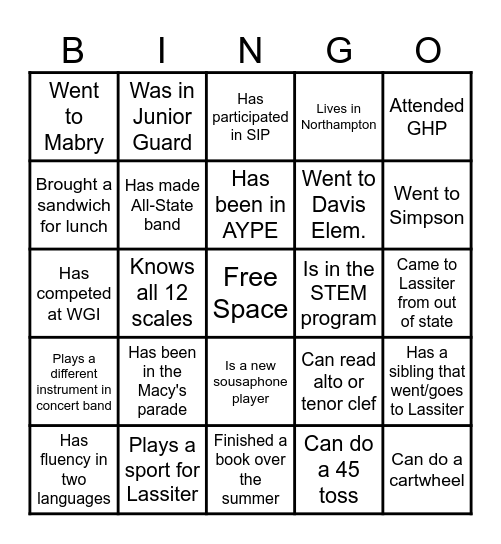 Lassiter Band Bingo Card