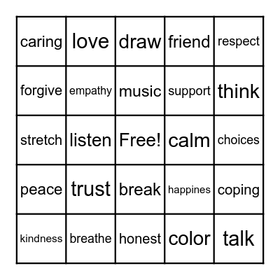 Social Emotional Bingo Card