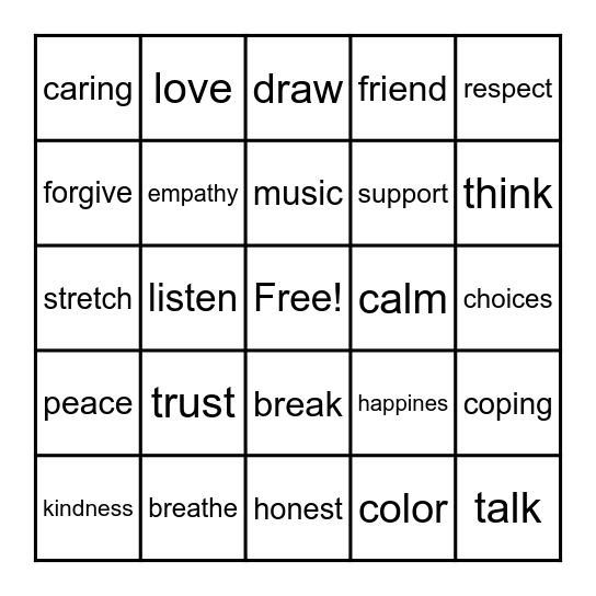 Social Emotional Bingo Card