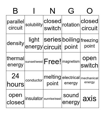 5th Grade Science Review Bingo Card