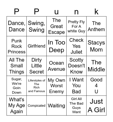 Pop Punk Bingo Card