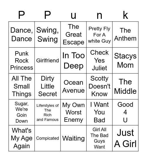 Pop Punk Bingo Card