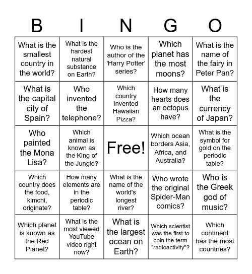 TRIVIA BINGO Card
