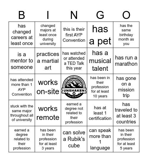 AYP Unshaken Convention 2026 Bingo Card