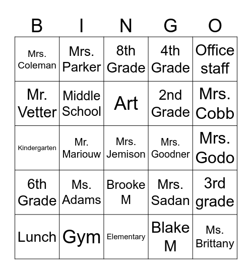 Weston Academy Bingo Card