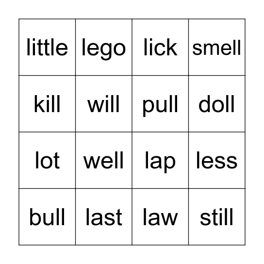 L and LL words (callout) Bingo Card