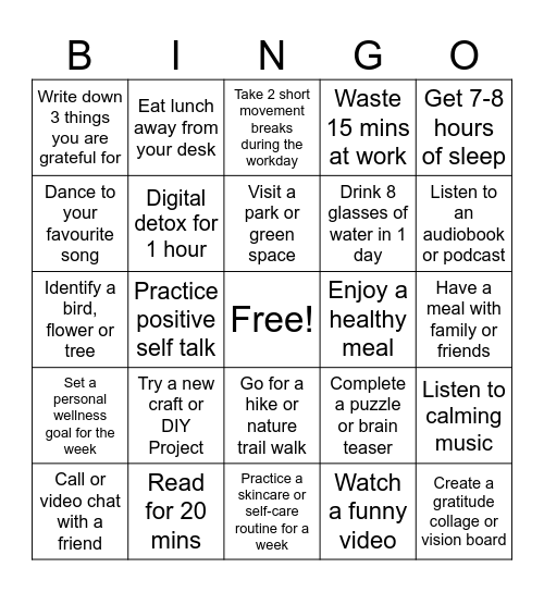 Housing Services Wellness Bingo Card