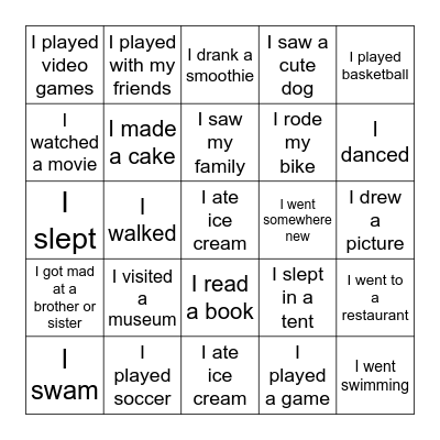 What did you do on the weekend? Bingo Card