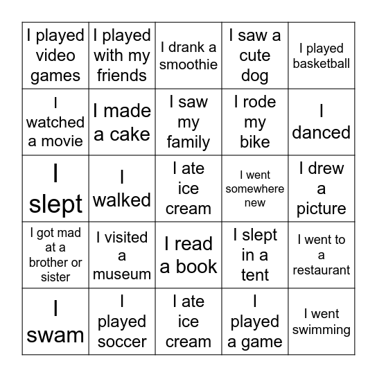 What did you do on the weekend? Bingo Card